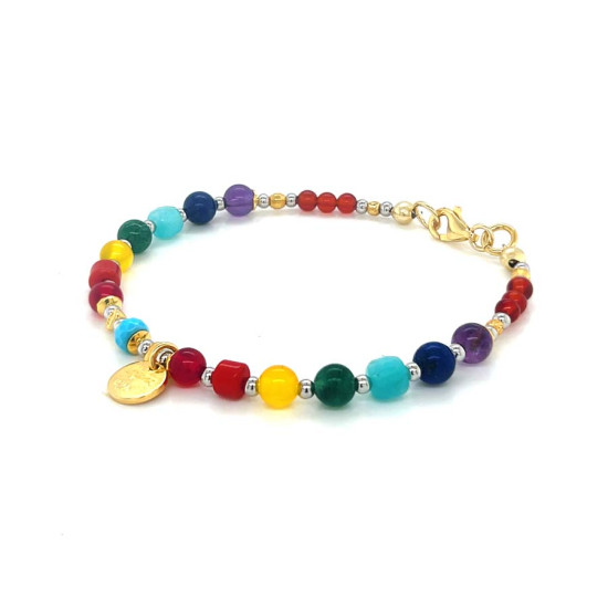 GOLD PLATED chakras BRACELET ( TURQUOSE , RED AGATE , CORAL , YELLOW AGATE , CHLORITE , AMAZONITE , LAPIS AND AMETHYST )