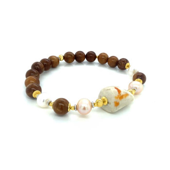 GOLD PLATED FIRE OPAL BRACELET WITH PINK AND WHITE PEARL AND COOK WOOD 