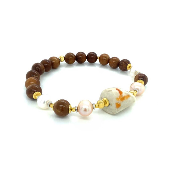 GOLD PLATED FIRE OPAL BRACELET WITH PINK AND WHITE PEARL AND COOK WOOD 