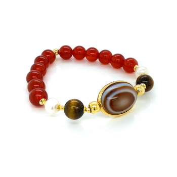 Gold Plated Oval Agate bracelet with tiger-eye , peals and brown Agate .