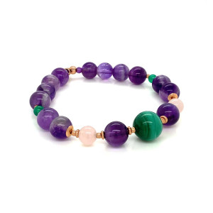 GOLD PLATED MALACHITE WITH AMETHYST , PINK QUARTZ , GREEN AGATE AND AMETHYST