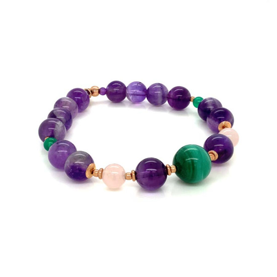 GOLD PLATED MALACHITE WITH AMETHYST , PINK QUARTZ , GREEN AGATE AND AMETHYST