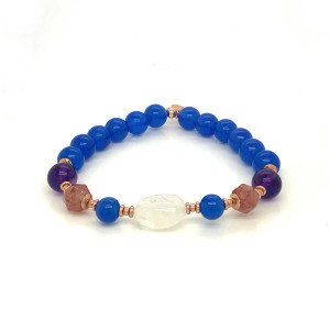 18K GOLD PLATED MOONSTONE BRACELET WITH BLUE AGATE ، CHERRY QUARTZ ، AMETHYST