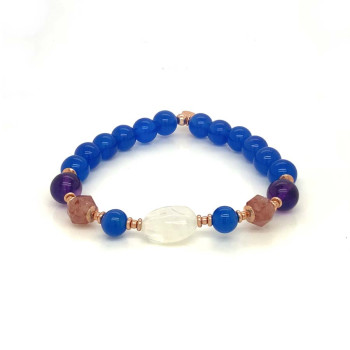 18K GOLD PLATED MOONSTONE BRACELET WITH BLUE AGATE ، CHERRY QUARTZ ، AMETHYST