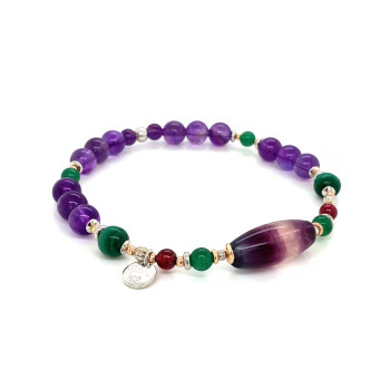gold plated fluorite with green chlorite , garnet , malachite and amethyst