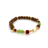 SILVER PLATED BRACELET WITH GREEM AMBER stone, ruby ​​agate stone, pearls and OUD WOOD