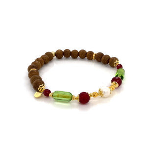 SILVER PLATED BRACELET WITH GREEM AMBER stone, ruby ​​agate stone, pearls and OUD WOOD