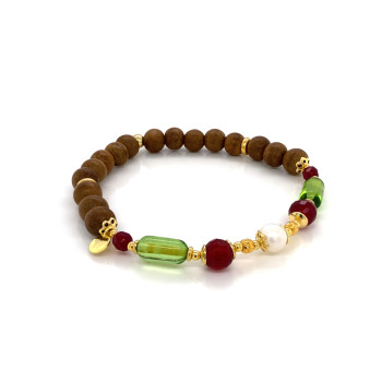 SILVER PLATED BRACELET WITH GREEM AMBER stone, ruby ​​agate stone, pearls and OUD WOOD