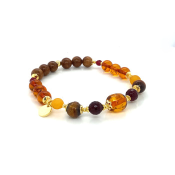 gold plated Amber bracelet with Rubi Agate , Yusr and coke wood 