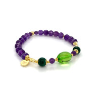 SILVER PLATED BRACELET WITH GREEM AMBER STONE , AMETHYST STONE AND MALACHITE