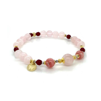 SILVER PLATED BRACELET WITH PINK QUARTZ STONE , RHODOCHROSITE STONE AND  RUBI AGATE 