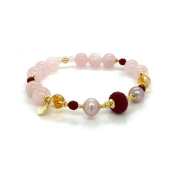 GOLD PLATED BRACELET WITH RUBI STONE , PINK PEARL STONE , CITRINE , PINK QUARTZ , RUBI AGATE 