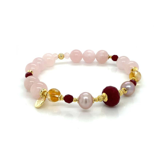 GOLD PLATED BRACELET WITH RUBI STONE , PINK PEARL STONE , CITRINE , PINK QUARTZ , RUBI AGATE 