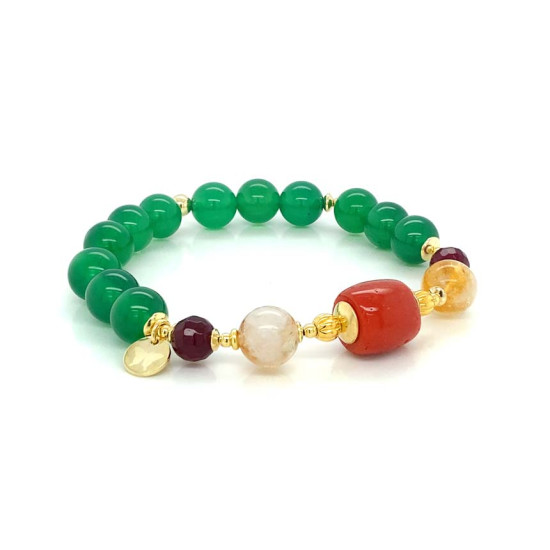 GOLD PLATED BRACELET WITH RED CORAL, CITRINE, RUBY, AND GREEN AGATE