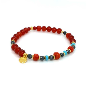 SILVER PLATED BRACELET MADE WITH AMERICAN TURQUOISE, NATURAL RED CORAL, HEMATITE AND RED AGATE