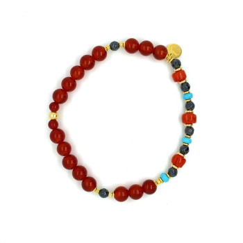 SILVER PLATED BRACELET MADE WITH AMERICAN TURQUOISE, NATURAL RED CORAL, HEMATITE AND RED AGATE
