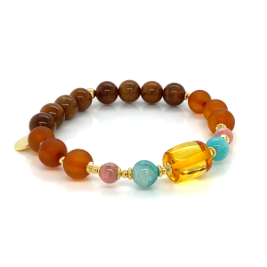 GOLD PLATED AMBER BRACELET WITH AMAZONITE , RHODOCHROSITE , MATTE AMBER AND COKE WOOD .