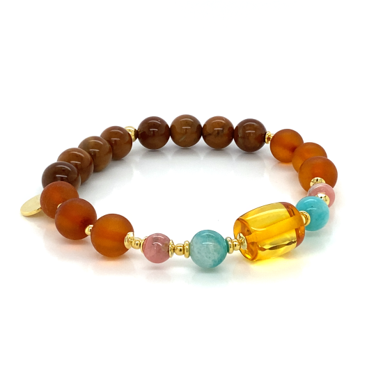 GOLD PLATED AMBER BRACELET WITH AMAZONITE , RHODOCHROSITE , MATTE AMBER AND COKE WOOD .