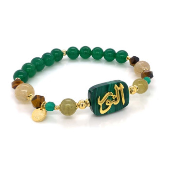 BRACELET IN THE NAME OF ALJALALAH (ALNOOR ) ON MALACHITE WITH TIGER-EYE , GOLD THRADS STONE AND GREEN AGATE