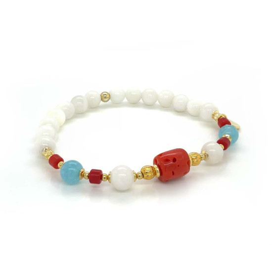 CORAL BRACELET WITH MOOSTONE AND AQUAMARINE CORAL BRACELET WITH MOOSTONE AND AQUAMARINE