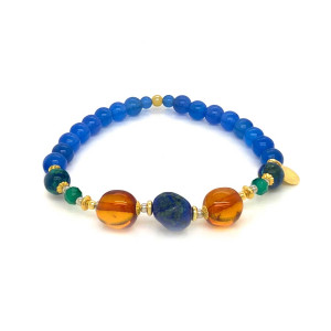GOLD PLATED AZURITE BRACELET WITH AMBER, GREEN AGATE, BLUE AGATE