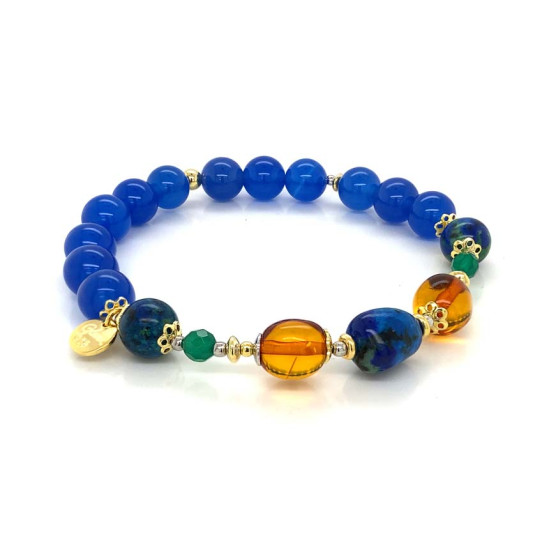 GOLD PLATED AZURITE BRACELET WITH AMBER, GREEN AGATE, BLUE AGATE GOLD PLATED AZURITE BRACELET WITH AMBER, GREEN AGATE, BLUE AGATE
