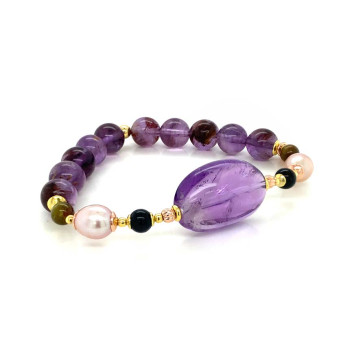 GOLD PLATED AMETHYST BRACELET WITH TOURMALINE AND PEARLS