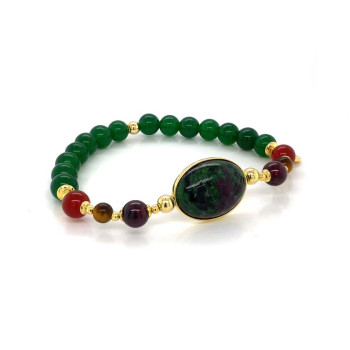 GOLD PLATED RUBY ZOISITE BRACELET WITH RUBY AGATE , TIGER EYE, RED AGATE AND GREEN JADE
