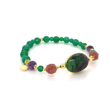 GOLD PLATED RUBIZOSATE BRACELET WITH CHERRY QUARTIZ , AMETHYST AND GREEN AGATE 