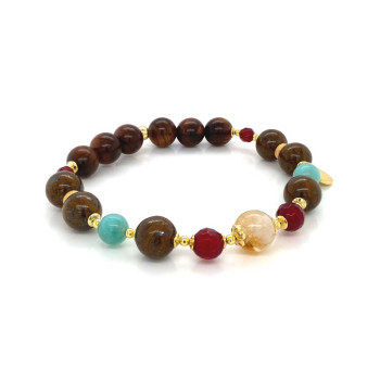 GOLD PLATED CITRINE BRACELET WITH RUBI AGATE , RONE TIGER-EYE , AMAZONITE , PEAR WOOD 