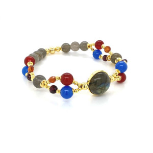 GOLD PLATED LABRADORITE BRACECLET WITH BLUE , RED AGATE 