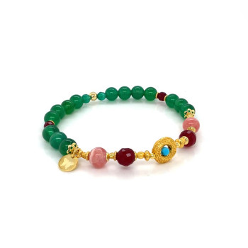 AGATE BRACELET WITH RUBE, RHDOCHROSITE, TURQUOISE AND GREEN AGATE