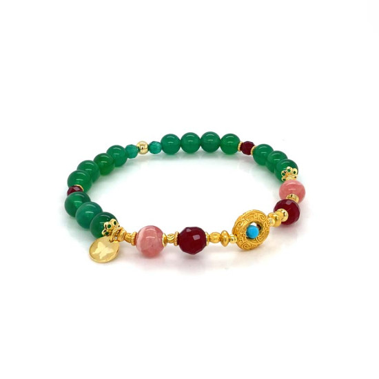 AGATE BRACELET WITH RUBE, RHDOCHROSITE, TURQUOISE AND GREEN AGATE