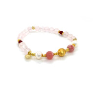 24K GOLD PLATED PINK QUARTZ BRACELET WITH RHODOCHROSITE, PEARL AND RUBY AGATE