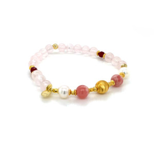 24K GOLD PLATED PINK QUARTZ BRACELET WITH RHODOCHROSITE, PEARL AND RUBY AGATE