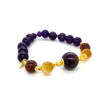 24K GOLD PLATED OURA LIGHT BRACELET WITH TIGEREYE, GOLD THREAD AND AMETHYST