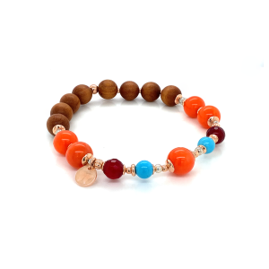 GOLD PLATED ORANGE CORAL BRACELET  WITH TURQUOISE , RUBI AGATE , SANDAL WOOD 