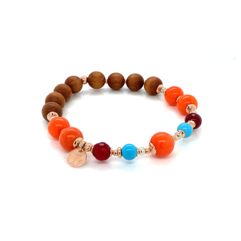 GOLD PLATED ORANGE CORAL BRACELET  WITH TURQUOISE , RUBI AGATE , SANDAL WOOD 