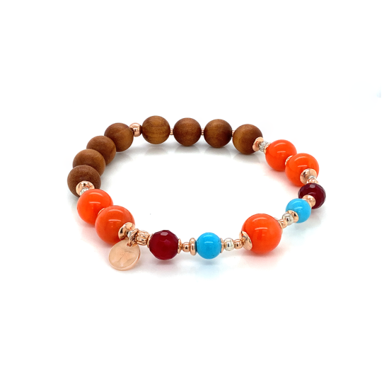 GOLD PLATED ORANGE CORAL BRACELET WITH TURQUOISE , RUBI AGATE , SANDAL WOOD GOLD PLATED ORANGE CORAL BRACELET WITH TURQUOISE , RUBI AGATE , SANDAL WOOD