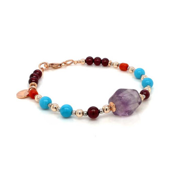 GOLD PLATED TOURMALINE BRACELET WITH GARNET, TURQUOISE AND CORAL