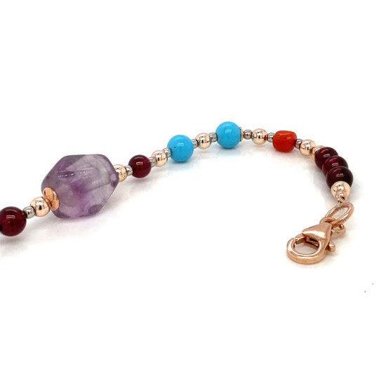 GOLD PLATED TOURMALINE BRACELET WITH GARNET, TURQUOISE AND CORAL