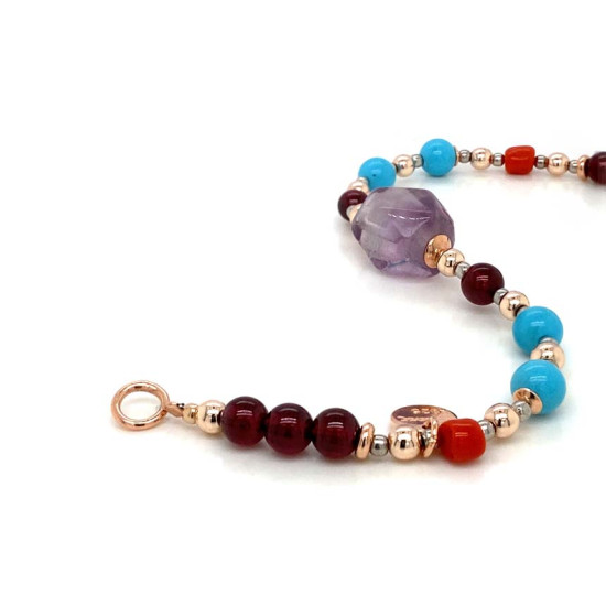 GOLD PLATED TOURMALINE BRACELET WITH GARNET, TURQUOISE AND CORAL