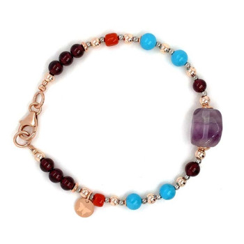GOLD PLATED TOURMALINE BRACELET WITH GARNET, TURQUOISE AND CORAL