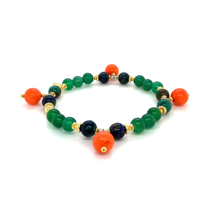 SILVER PLATED BRACELET MADE WITH ORANGE CORAL , AZURITE ,  GREEN AGATE