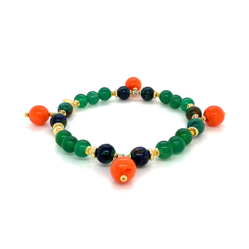 SILVER PLATED BRACELET MADE WITH ORANGE CORAL , AZURITE ,  GREEN AGATE