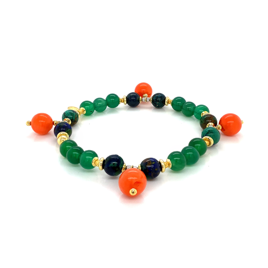 SILVER PLATED BRACELET MADE WITH ORANGE CORAL , AZURITE ,  GREEN AGATE