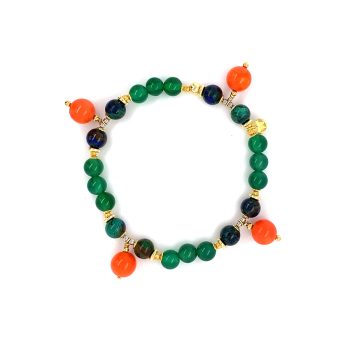 SILVER PLATED BRACELET MADE WITH ORANGE CORAL , AZURITE ,  GREEN AGATE