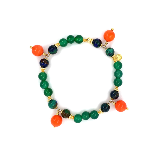 SILVER PLATED BRACELET MADE WITH ORANGE CORAL , AZURITE ,  GREEN AGATE