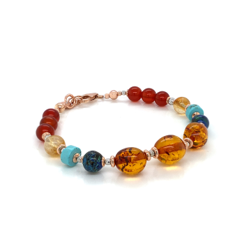 GOLD PLATED AMBER BRACELET WITH AZORITE , CITRINE , TURQUOISE , RED AGATE