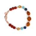 GOLD PLATED AMBER BRACELET WITH AZORITE , CITRINE , TURQUOISE , RED AGATE